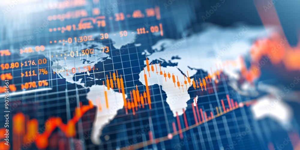 Poster a digital map of the world with financial data points and candlestick charts, representing global st