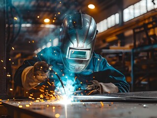 A welder in a factory setting, wearing protective gear, welds a metal piece, sparks flying.