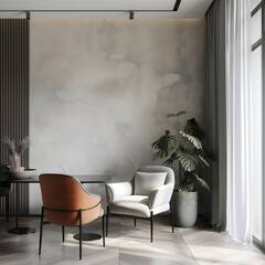 Aesthetic elegant minimalist japandi interior design. Clear mock up empty wall for decoration. Copy space. Neutral palette of natural colors.