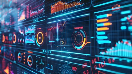 Obraz premium Abstract digital display with colorful graphs and charts representing data, technology, and analysis.