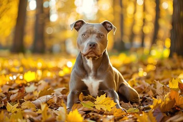 grey and white pitbull dog laying on ground in yellow leaves in autumn park