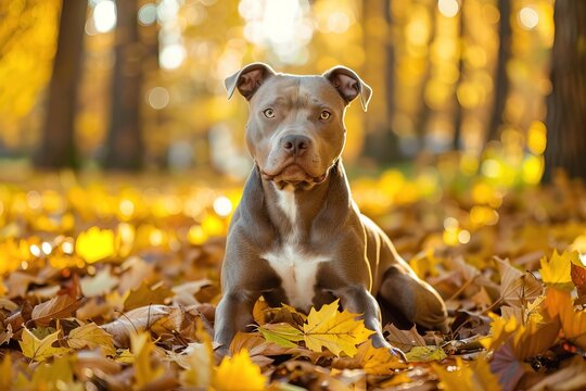 grey and white pitbull dog laying on ground in yellow leaves in autumn park