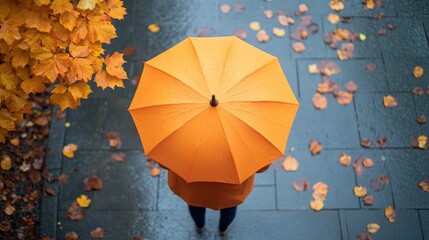 Top view of person under a yellow umbrella held by hands, with autumn fallen leaves on the sidewalk