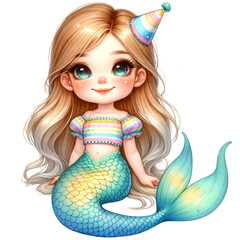 A beautiful mermaid with a party hat cartoon isolated 