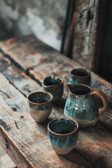 Artisanal Pottery Pitchers and Cups Set on Rustic Wooden Table for Home Decor and Dining