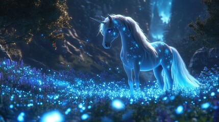 A majestic unicorn with glowing mane and tail, standing in a mystical glade with glowing flowers