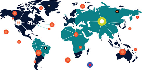 Illustration of Global Business Network, Detailed World Map Featuring Points and Lines Depicting Worldwide Connectivity, Vector Graphic on a White Background.