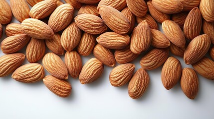 Fototapeta premium Raw Natural Organic Almonds Nuts Scattered Isolated on White Background Top View Healthy Food for Life Natural Light 