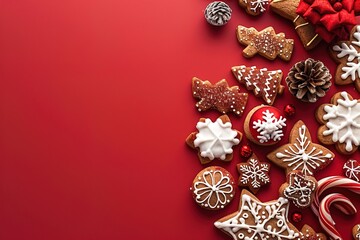 Fototapeta premium top view template border frame of tasty sweet Christmas cookies on bright red background with copy space
