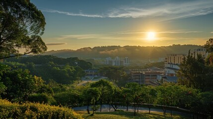 Naklejka premium Cityscape at Sunset with Foggy Hills.