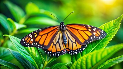 Fototapeta premium Monarch butterfly resting on vibrant green leaves, Monarch, butterfly, green, leaves, nature, colorful, wings, insect