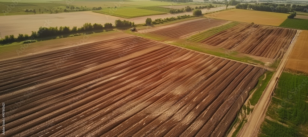 Poster aerial view of large farm showcasing soil erosion control techniques across expansive fields