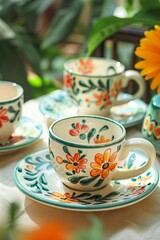 Fototapeta premium Elegant Collection of Handmade Floral Ceramic Teacups and Saucers for Table Decor and Gifting