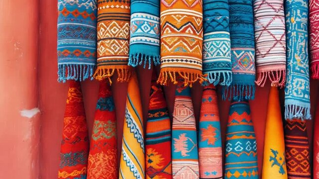 Colorful traditional handmade rugs displayed at a market.