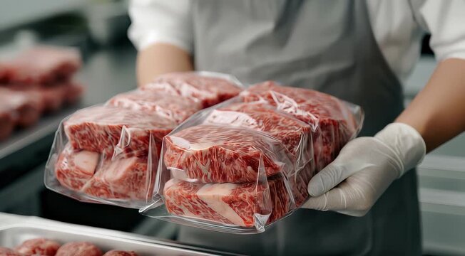 Person holding packages of marbled beef steaks wrapped in clear plastic film, wearing white gloves, in a meat processing or packaging facility.