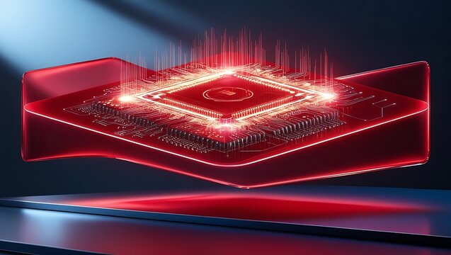 glowing red circuit board. A dark background with glowing orange and red circuit lines, representing data flow in technology.