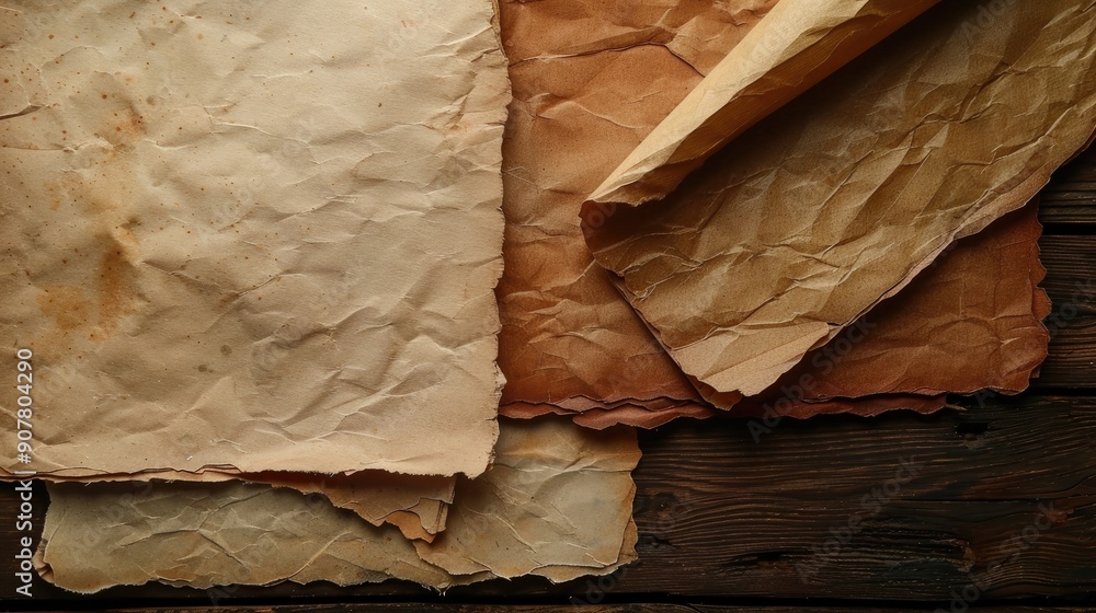 Poster antique paper sheets on wooden table with space for text top notch image