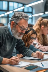 Obraz premium Adult Education: Teacher Assisting Student in a Focused Classroom Setting