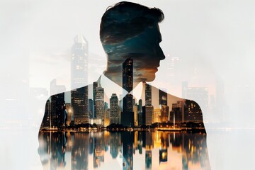 A double exposure of the silhouette from behind, wearing suit and tie with an office building filled cityscap
