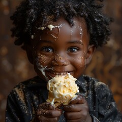 Naklejka premium A Comorian kid with a big smile, eating ice cream with ice cream marks on his face,