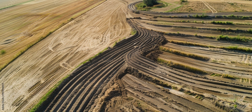 Poster aerial view of soil erosion control with contour plowing and grass strips in agricultural fields
