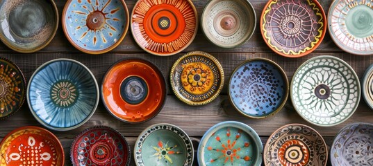 Fototapeta premium Colorful Handmade Ceramic Plates Displayed on Wooden Surface for Artistic Home Decor and Kitchenware Design