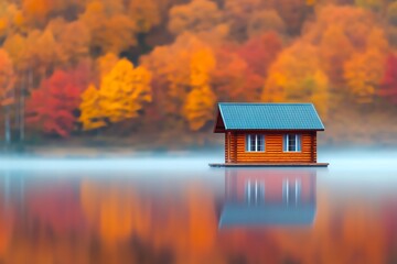 Lakeside Cabin A cozy cabin by a lake, surrounded by vibrant autumn trees, with the calm water reflecting the colorful foliage, creating a serene and picturesque scene