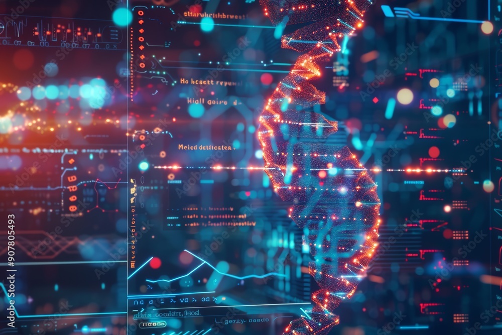 Poster crispr technology for precise dna editing with genetic data interface in futuristic laboratory