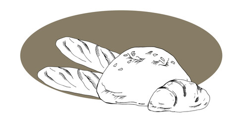 French baguette, loaf of bread and roll ink graphics. Fresh organic food vector composition in outline style for cafe, menu, bakery, bread packing design. Eco friendly