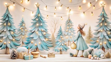 Girl Decorating Pine Trees with Bright Christmas Background