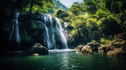 Fototapeta premium A cascading Himalayan waterfall plunging into a crystal-clear pool, surrounded by lush greenery