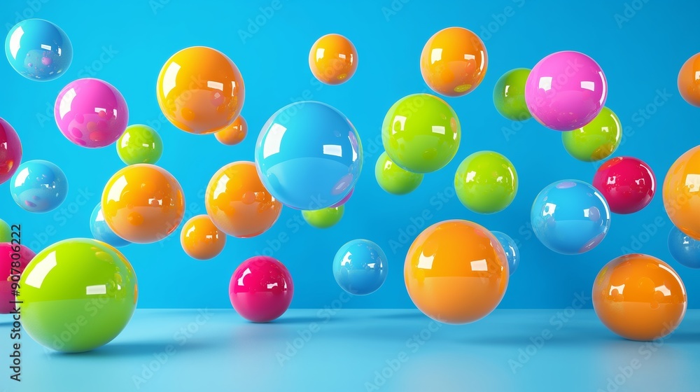 Poster a colorful room with many different colored balls floating in the air. the room is bright and cheerf