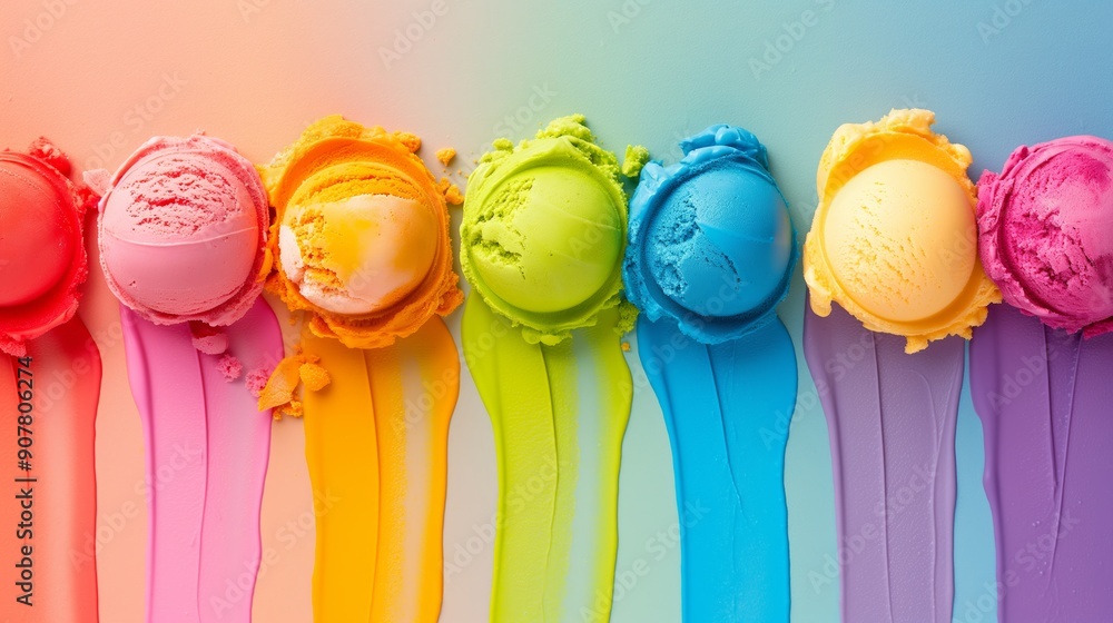 Poster A row of colorful ice cream balls are lined up on a table. The colors are vibrant and eye-catching, creating a sense of fun and excitement. The ice cream balls are arranged in a rainbow pattern