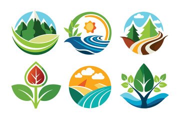Naklejka premium Colorful Abstract Nature Icons with Mountain, River, Sun, and Leaf Motifs