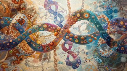 Fototapeta premium A classic oil painting depicting chromosomes as majestic figures adorned with intricate symbols and patterns.