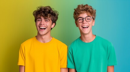 Two young men wearing glasses and yellow shirts are smiling at the camera. The image has a cheerful and lighthearted mood, as the boys seem to be enjoying themselves and posing for a photo