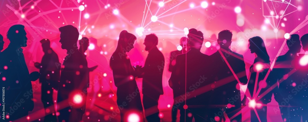 Poster silhouettes of people networking at a vibrant event with interconnected nodes and neon colors, symbo