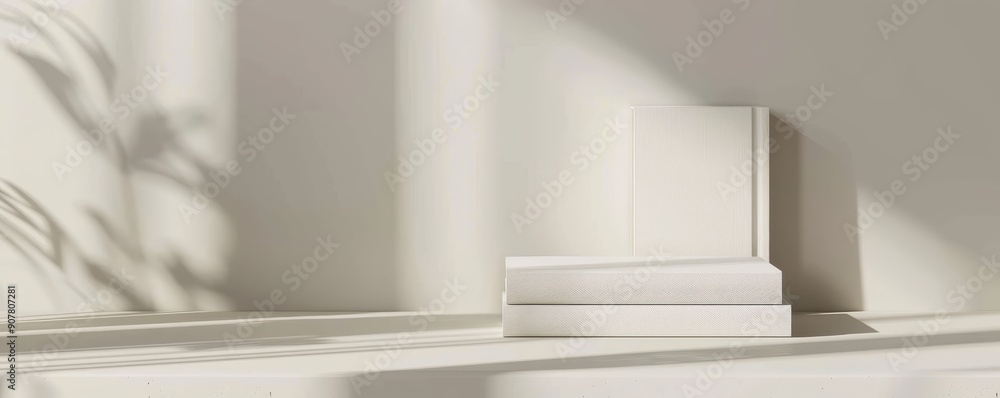 Poster minimalist scene with white books on a shelf and natural light casting soft shadows. ideal for calm,