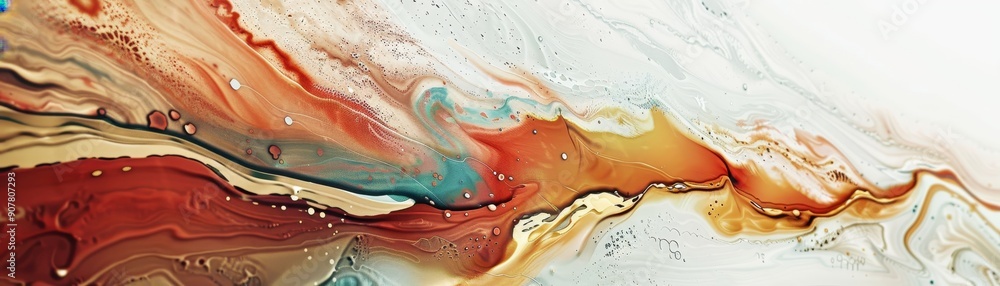 Poster abstract fluid art with vibrant swirling patterns of red, blue, and yellow on canvas, blending into 