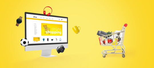 E-commerce web page on a computer display with products flying and a shopping cart, set against a...