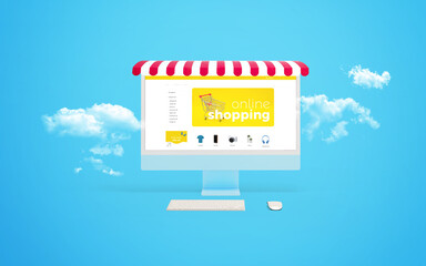 Online shopping composition featuring a computer display surrounded by clouds and a red awning,...