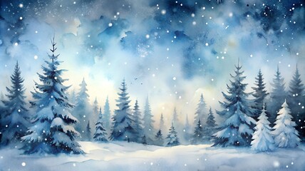 Naklejka premium Tranquil Winter Forest Scene: Snow-covered Pine Trees in Watercolor Style Painting, Serene Landscape with Falling Snowflakes, Cool Blues and Whites Creating Chilly Atmosphere of Calm Snowy Day 