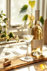 White wine in bottle and wine glasses on high key countertop or table top background. 