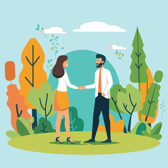Man woman shaking hands park, business casual attire, friendly meeting outdoors. Professional handshake between male female colleagues, autumn trees, business deal nature. Partnership agreement