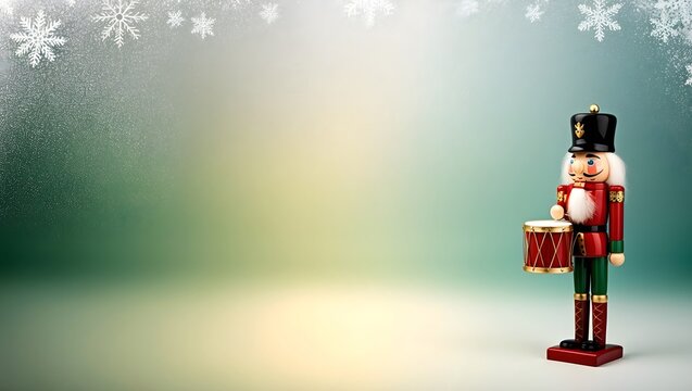Colorful Nutcracker Holding Drum Against Sparkling Frosted Background During Winter Season Celebration