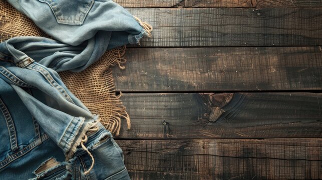 Stylish vintage denim jeans on rustic table backdrop for retro vibes