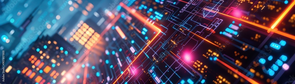 Poster futuristic digital technology circuit board with glowing lights, representing data processing and cy