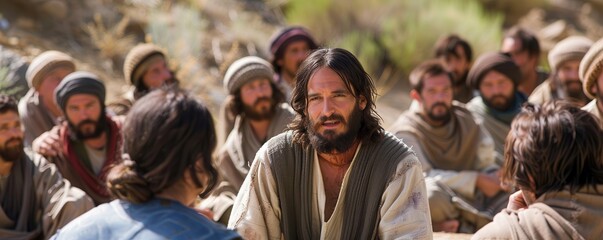 Jesus teaching his disciples, surrounded by attentive followers.