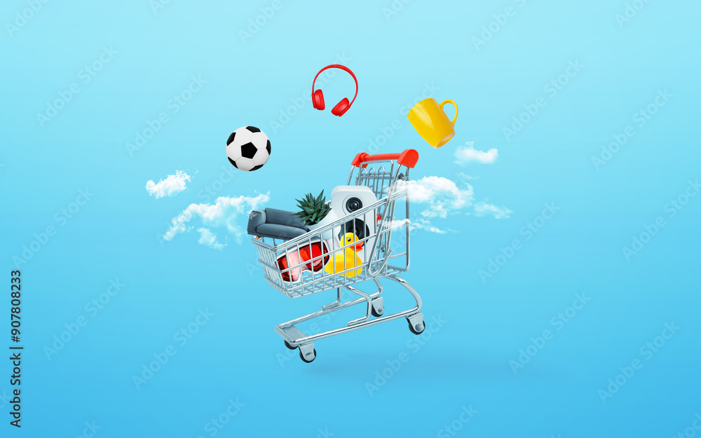 Poster shopping cart with products floating among clouds. concept of online shopping and cloud-based retail