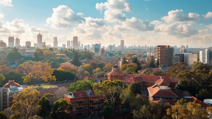 Obraz premium Urban Skyline with Green Trees and Buildings